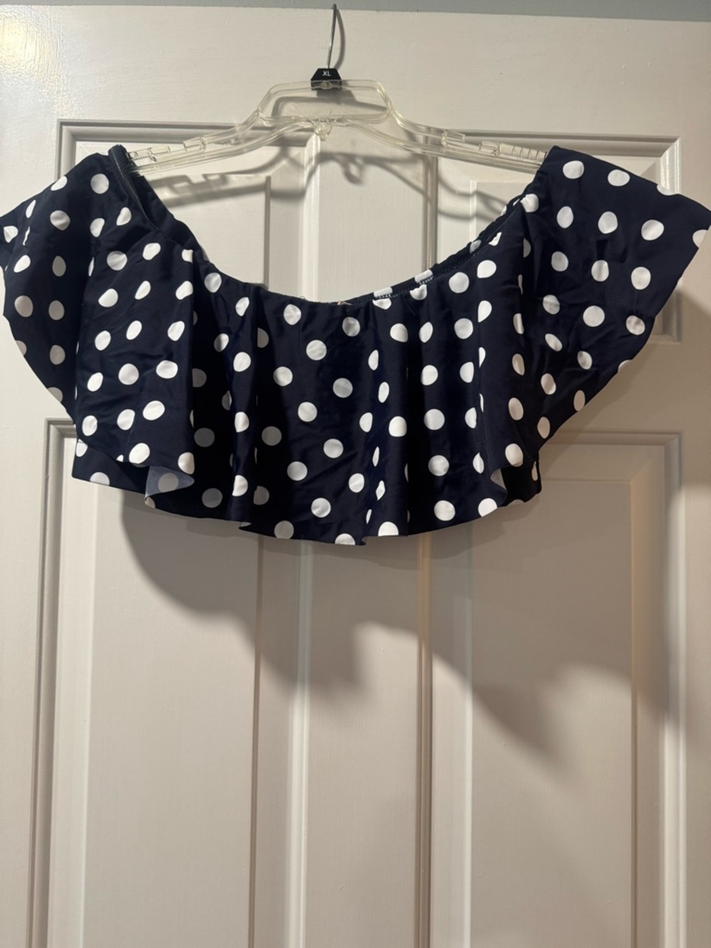 Unique Vintage Navy Blue Polka Dot Off-Shoulder Ruffle bathing suit top